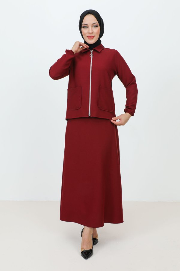 Tesettür Dünyası Zippered Pocket Skirt Crepe Suit TSD231205 Claret Red