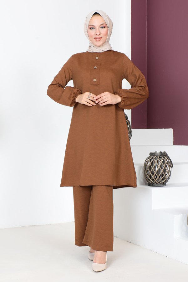Tesettür Dünyası Buttoned Double Suit TSD230701 Brown