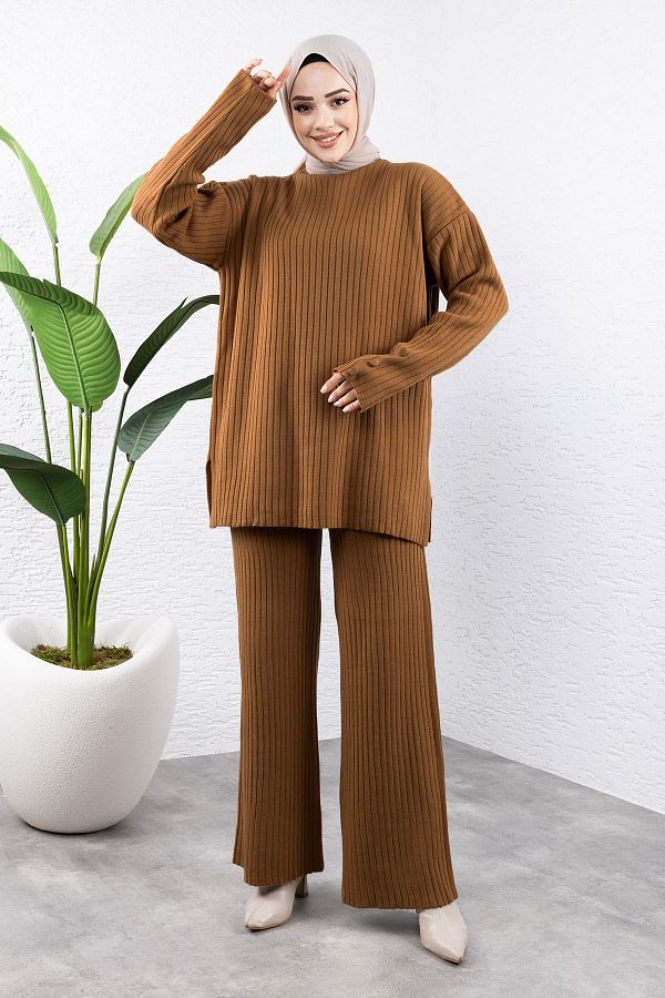 Tesettür Dünyası-Taba Knitwear Set - Tsd with Handle End Button Detail 240947 1
