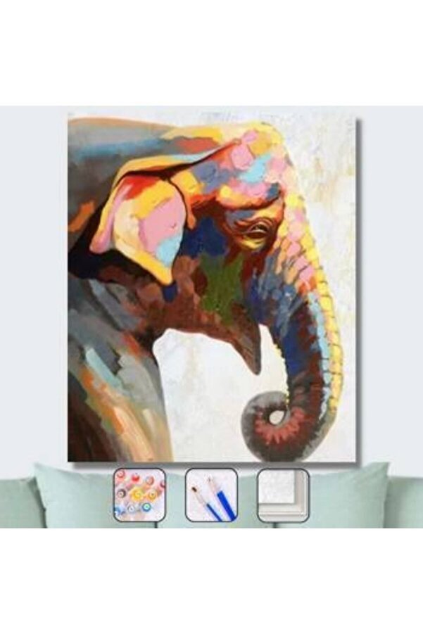 Pastelya-60X75 cm Indian Elephant - Painting Set with Frame and Pulley 1