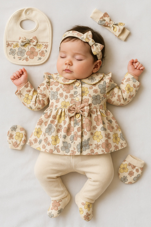 Cherub Baby Gold Düğmeli Çiçekli Kız Bebek Yenidoğan 5 Parça Hastane Çıkışı Zıbın Seti