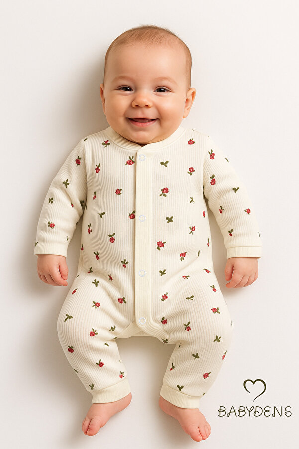 BABYDEN'S Çiçek Desenli Pamuklu Fitilli Ribana Çıtçıtlı Bebek Tulum Manşetli Paça Kız Bebek Yenidoğan Tulum