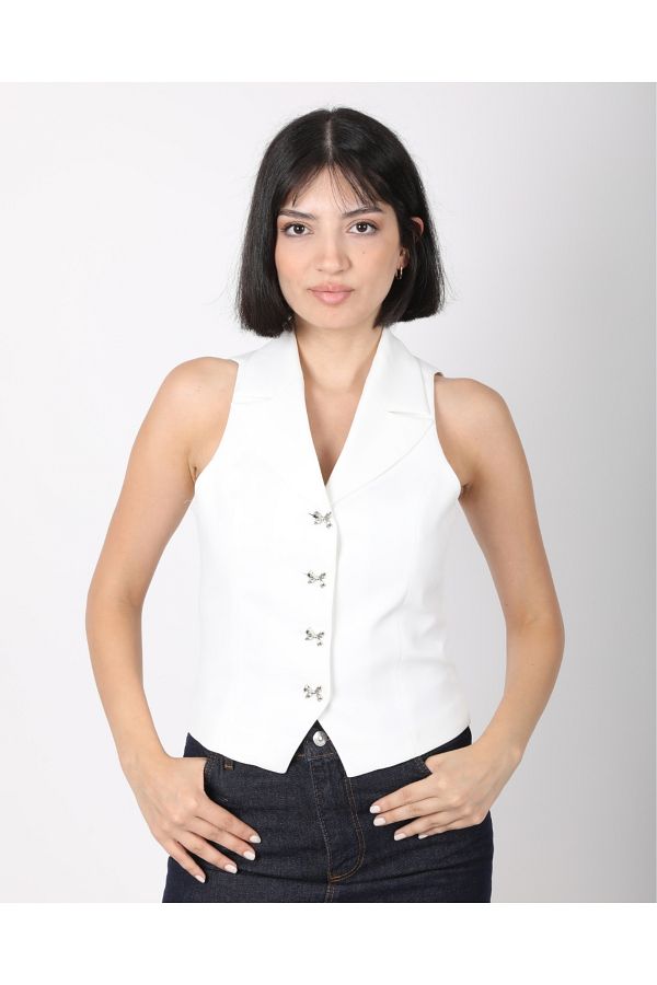 DEQ FASHION-Women's White Bow Buttoned Blazer Vest 1