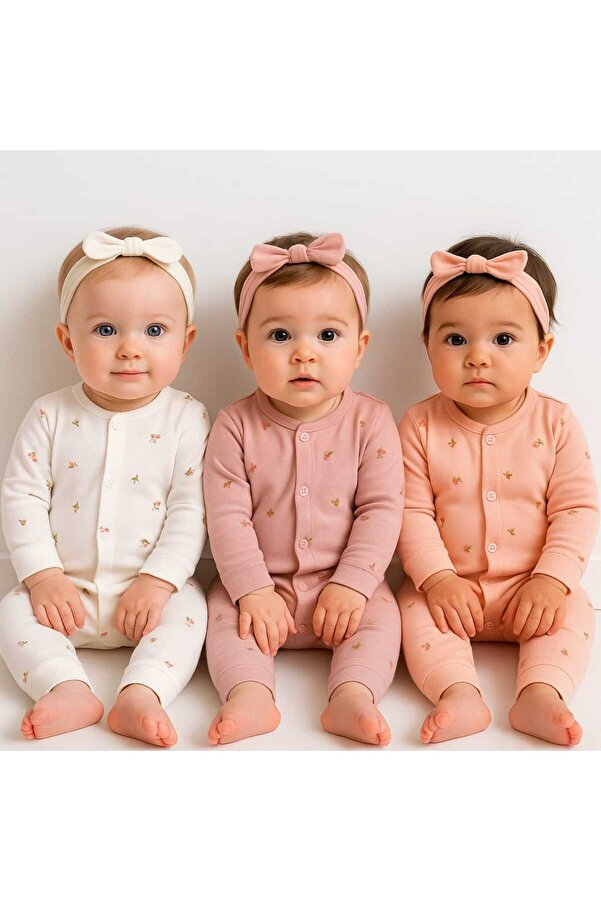 UmBaby 3’lü Kız Bebek Çiçekli Lale Desen Tulum Seti – Patiksiz