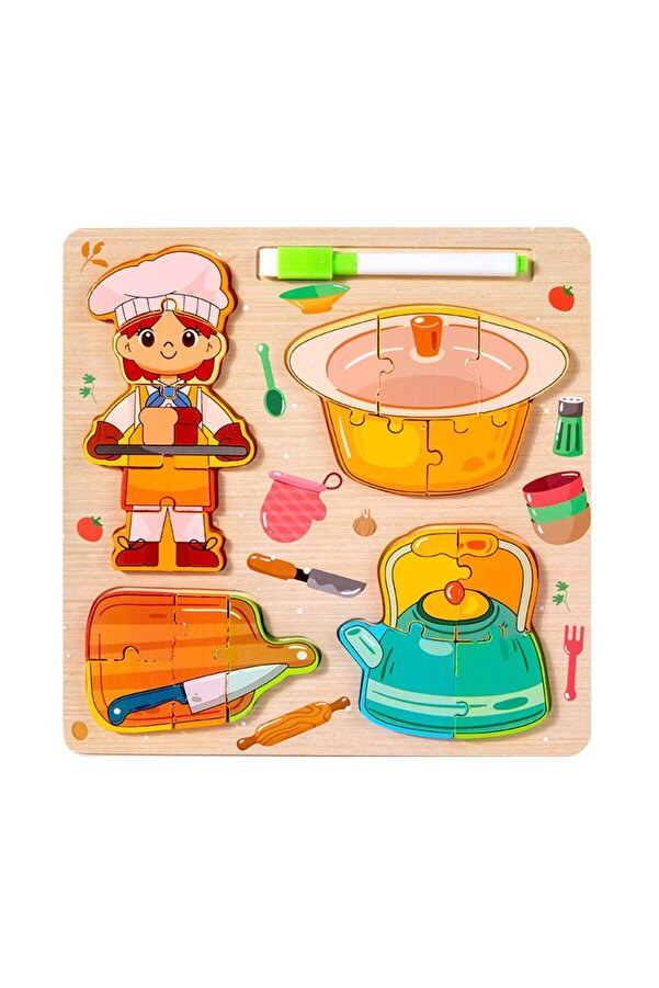 tutobaby Montessori Yazı Tahtalı ve Kalemli 3D Eğitici Öğretici Ahşap Meslek Puzzle Seti-AŞÇI