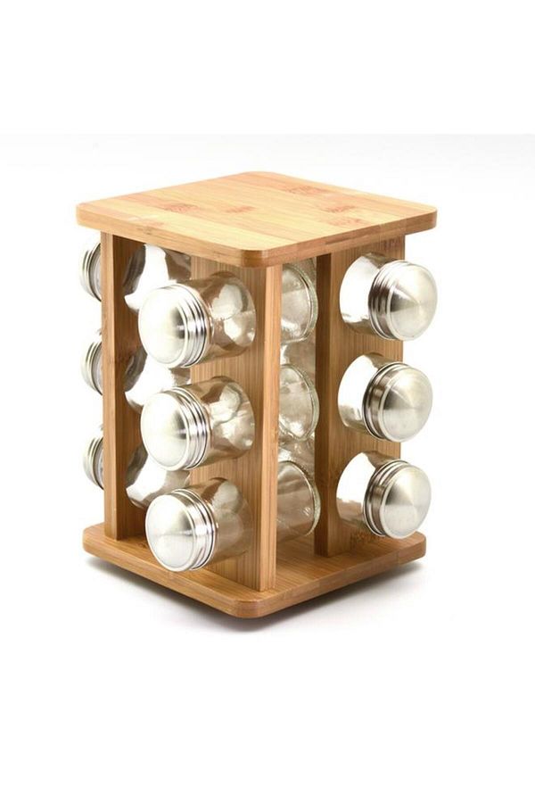 Generic-Bien Servi 12-Piece Bamboo Spice Jar Set with Rotating Stand Clear and Brown G17-X265 1