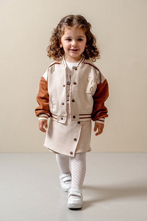 JNF kids Kız Bebek Kolej Ceketli Şort Etekli 3’lü Süet Takım Külotlu Çorap Hediyeli