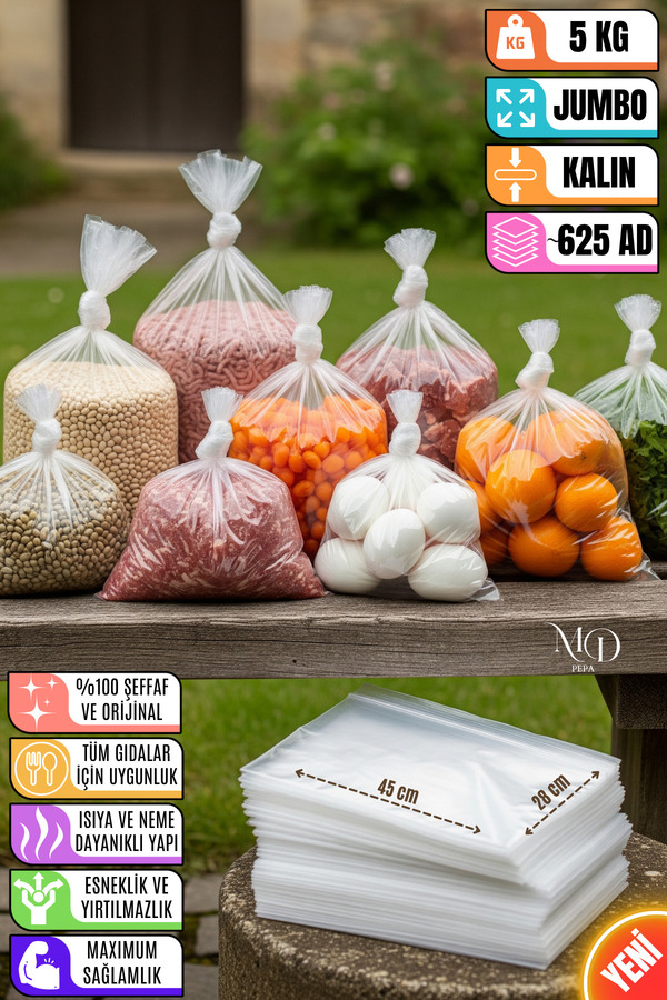 MD Pepa 5 KG Jumbo Boy | Şeffaf Saklama Poşeti – Süt, Et, Bakliyat İçin Hijyenik ve Sızdırmaz