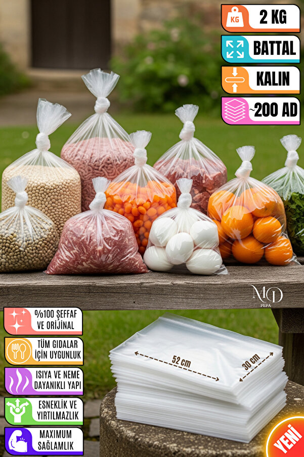 MD Pepa 2 KG Battal Boy | Gıda Saklama Torbası – Et, Süt, Bakliyat, Çerez İçin Kalın ve Sızdırmaz