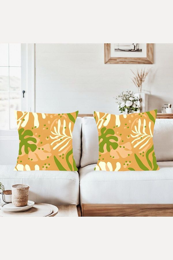 on the clouds-Orange Floor Leaf Pattern Combination Hidden Zippered Throw Pillow Cover Sofa Pillow Case Set (2Pcs) 1