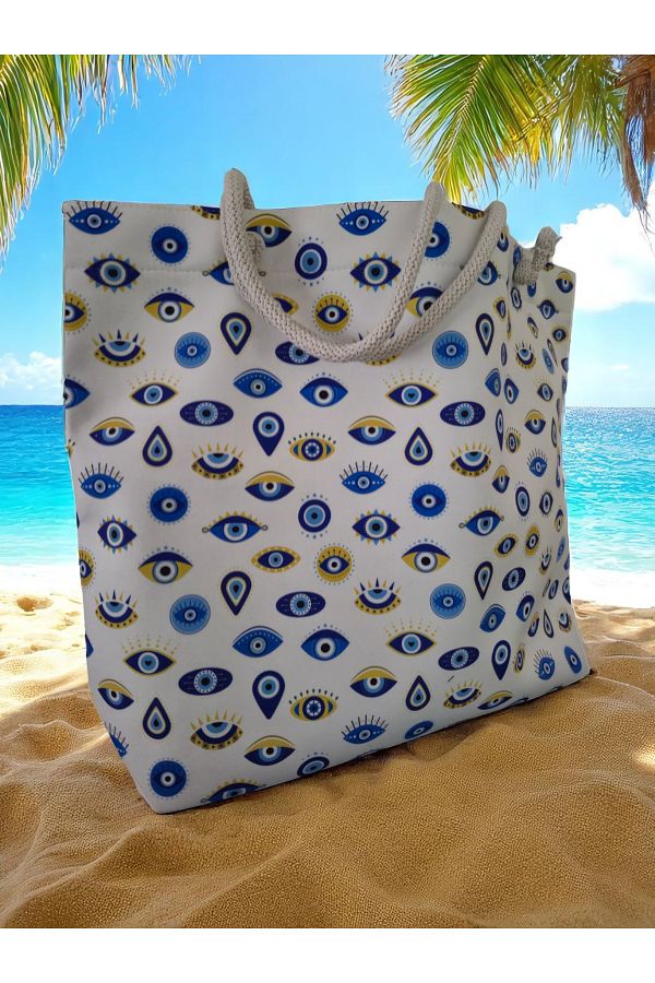 Land of Souvenir-Durable Fabric Large Beach Bag with Evil Eye 1