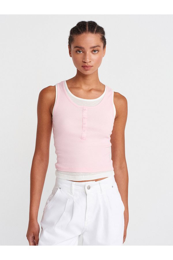 Dilvin-21102 Double Layer Buttoned Top-Powder Pink 1