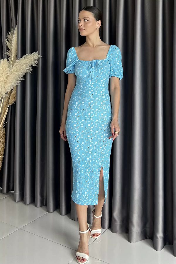 GÜLSELİ-Rochie de damă cu mâneci balon cu fantă albastră 1