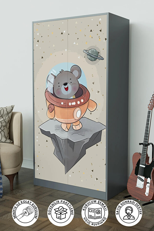 Hediyeler Kapında Little Astronaut Design "Calista" Gardırop 5 Raflı Askılı Çocuk Odasi Elbise Dolabı