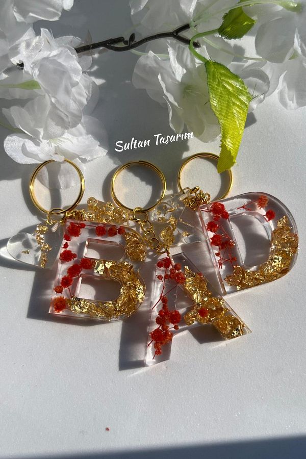 Sultan Tasarım-Gold Foil Floral Glittery-Paillette Epoxy Letter - Number Keychains 1