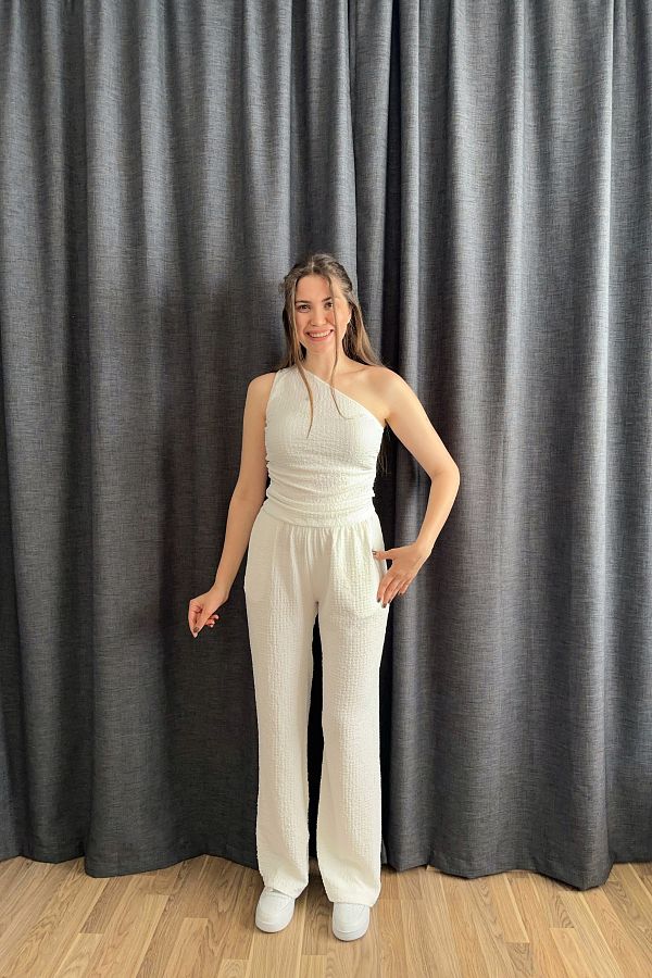 Sorridi-Oil Green One Shoulder Seersucker 2 Piece Set 1