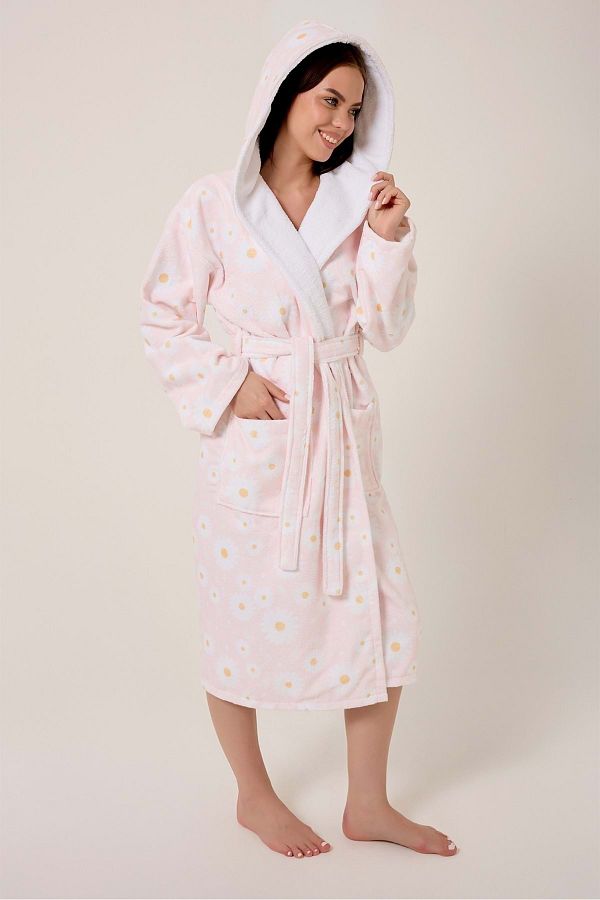 VEVİEN HOME-Daisy Patterned Digital Printed Hooded Bathrobe 1