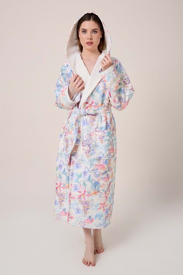 VEVİEN HOME-Narciso Fiore Patterned Digital Printed Hooded Bathrobe 1