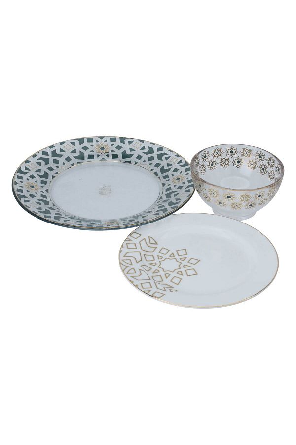 Alsaif Gallery-A set of circular porcelain serving dishes with a green and golden pattern, 3 pieces 1