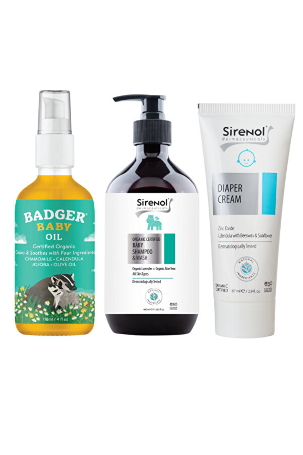 Badger Bebek Yağı Ve Sirenol Organik Pişik Kremi, Bebek Şampuanı Set