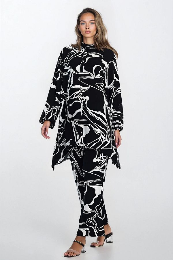 VAGGON-Shirt Collar Half Placket Tunic and Elastic Waist Pants Plus Size Bottom Top Set 1