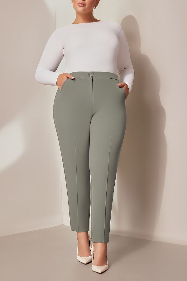 Hanezza-Plus Size Khaki High Waist Lycra Ankle Length Fabric Pants with Pockets 1