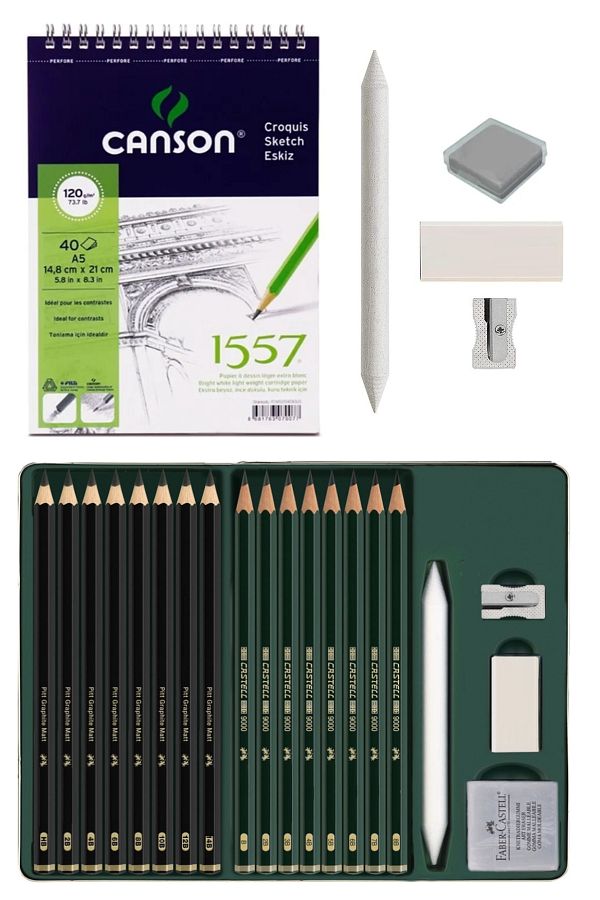 GLANCE-Canson A5 120 Gr 40 Yp Sketchbook Pitt Graphite Matt Graduated Pen Set of 20 1