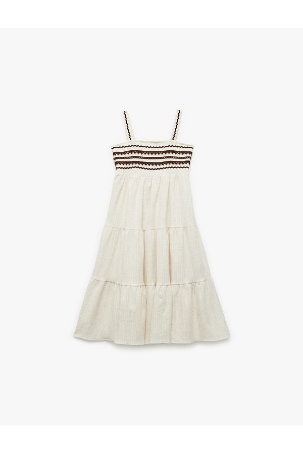 Koton-New Season Viscose Linen Blended Loose Fit Layered Square Neck Strap Long Dress 1