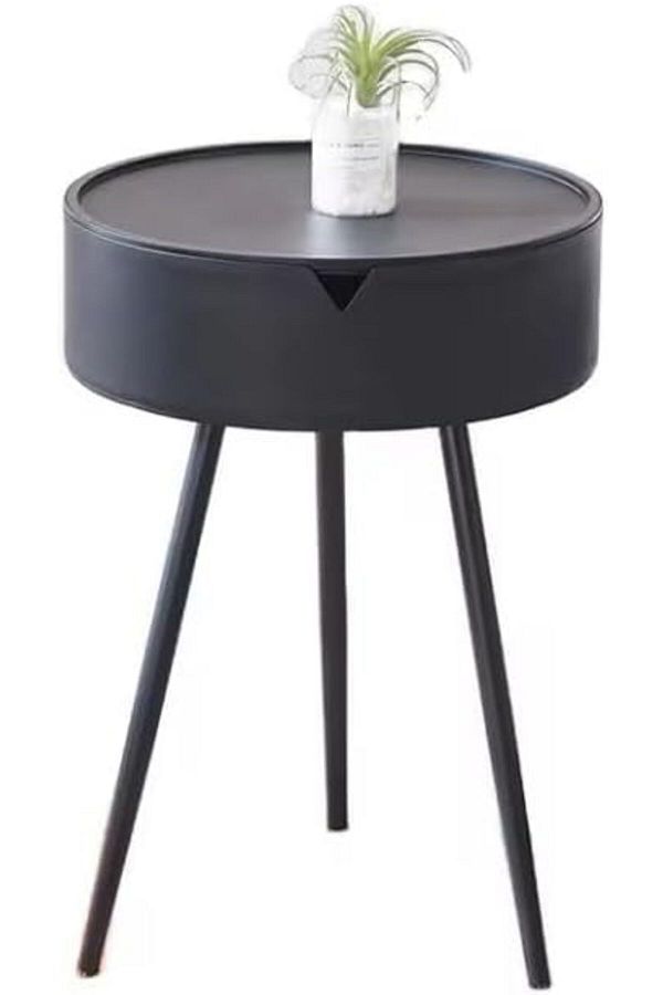 Generic-Round Side Table with Triangle Metal Legs, Coffee Table with Storage Shelf, Bedside Table, Black Col 1