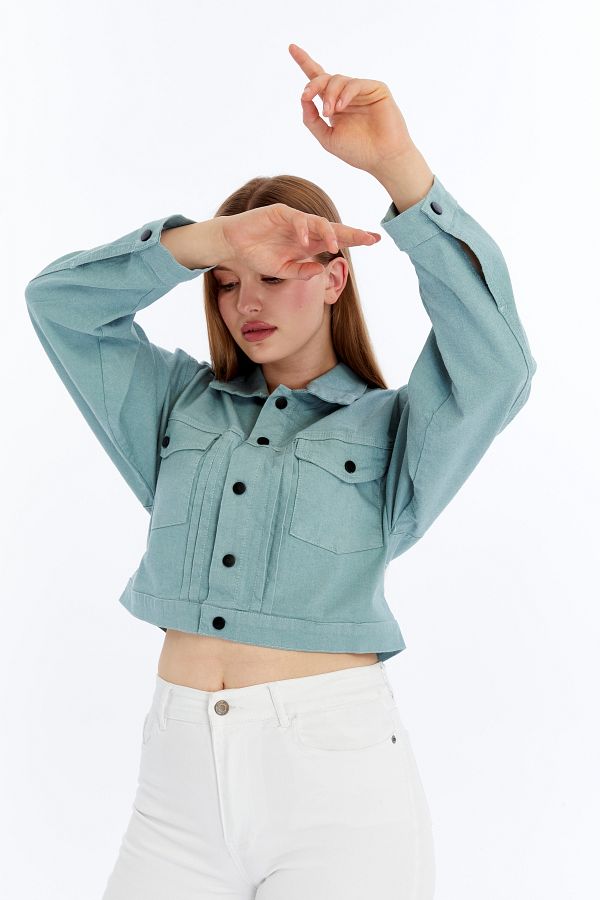 CHOS7N-Women's Bomber Gabardine Jacket Snap Button College Denim Jacket with Pockets Colorful Easy to Match Jacket 1