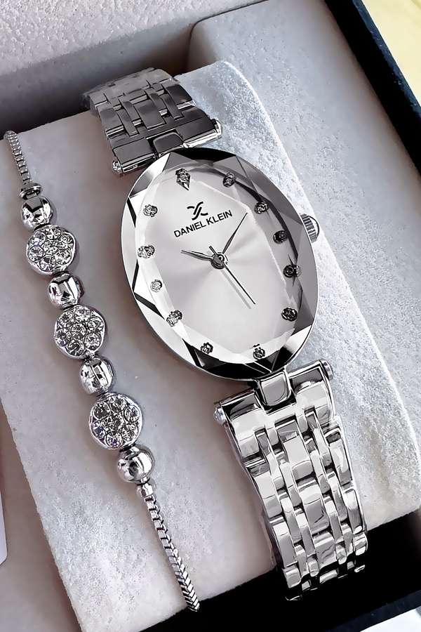 Daniel Klein-Silver Color Steel Band Clatch Watch and Gift Bracelet Oval Case Cutout Glass Waterproof Women Wristwatch 1