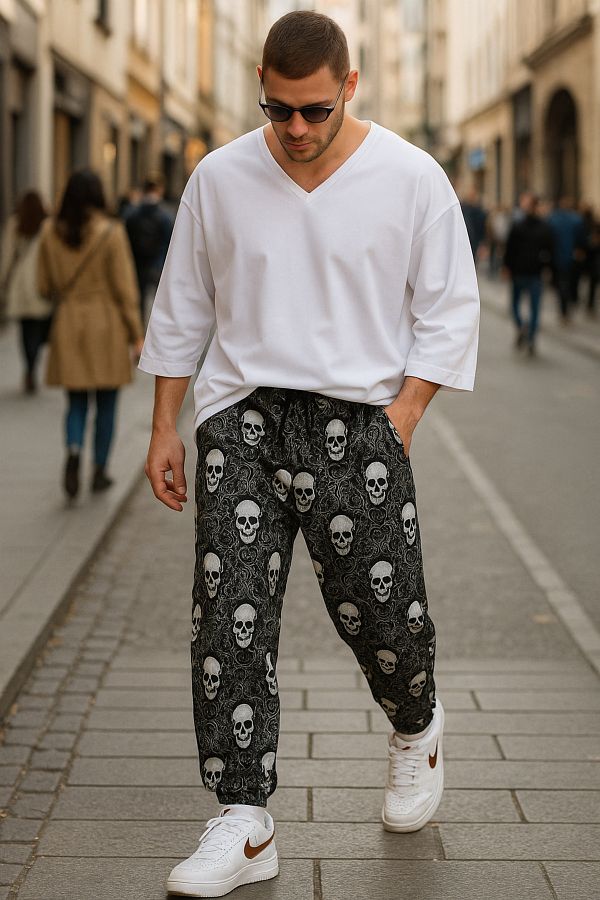 SUPERBLUE-Men's Patterned Black Baggy Trousers with Elastic Waist 1