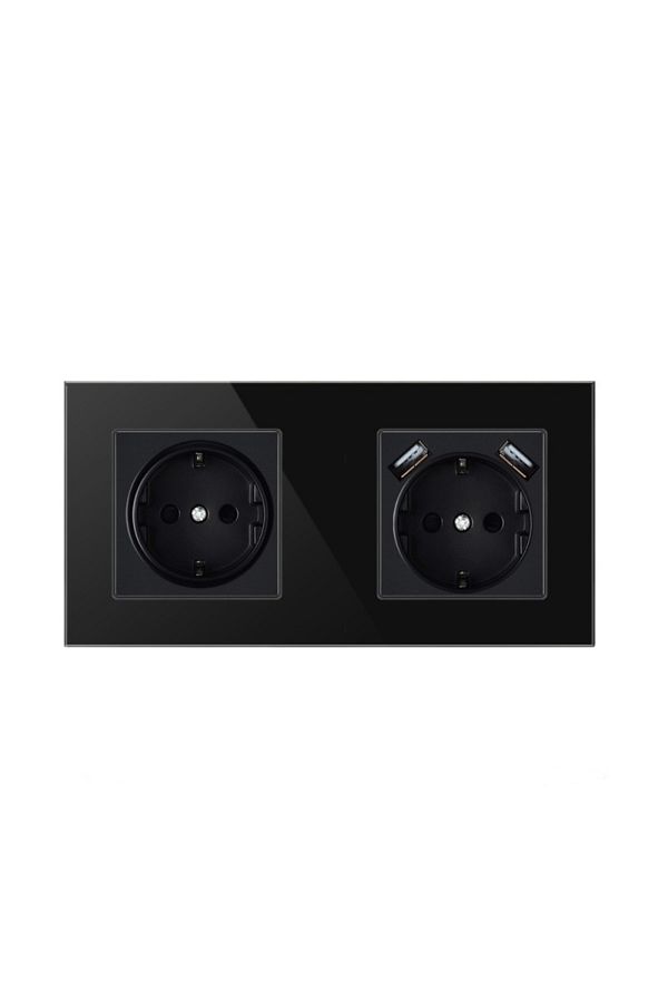 TECHSTAR-® Crystal Tsu2 Socket, Double, 2 X Usb, 2.1 A, Onyx Black Color, Tempered Glass, 16a 1