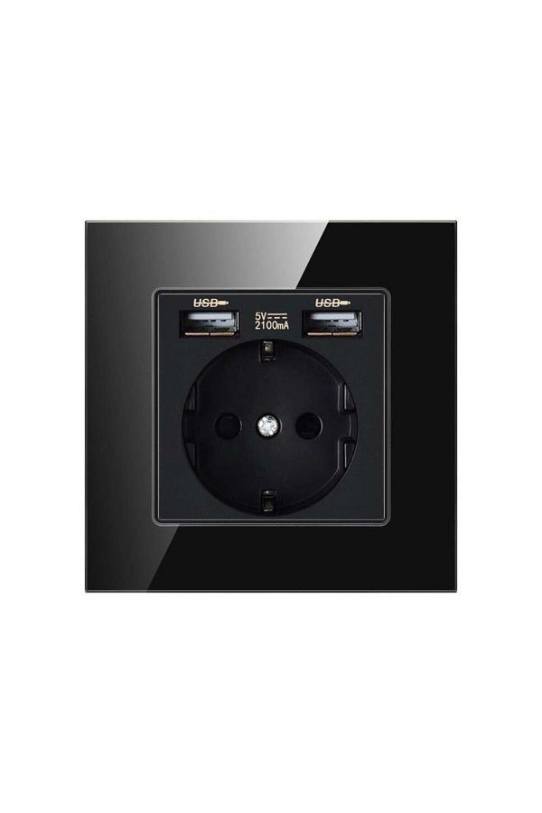 TECHSTAR-® Crystal Tsu1 Socket, Single, 2 X Usb, 2.1 A, Onyx Black Color, Tempered Glass, 16a 1