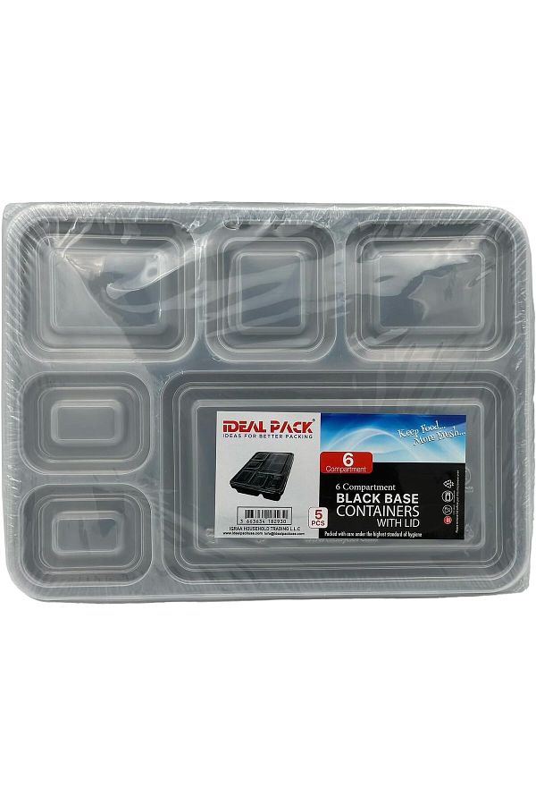 Ideal Pack-Black Base Rectangular 6-Compartment Food Containers with Lids – Pack of 5 1