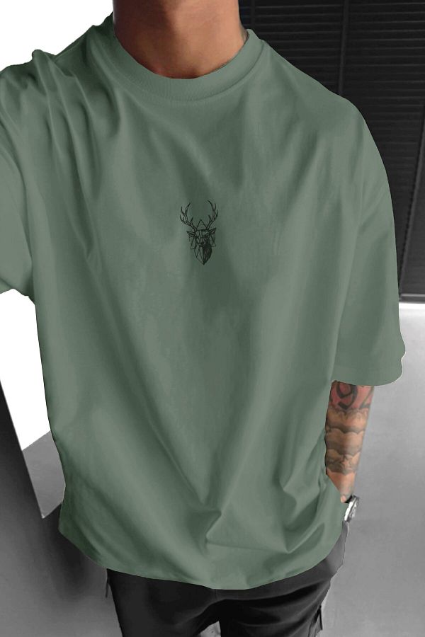 Millionaire-Men's Light Green Deer Printed Oversize Fit Loose Wide Fit Loose Cut T-Shirt 1