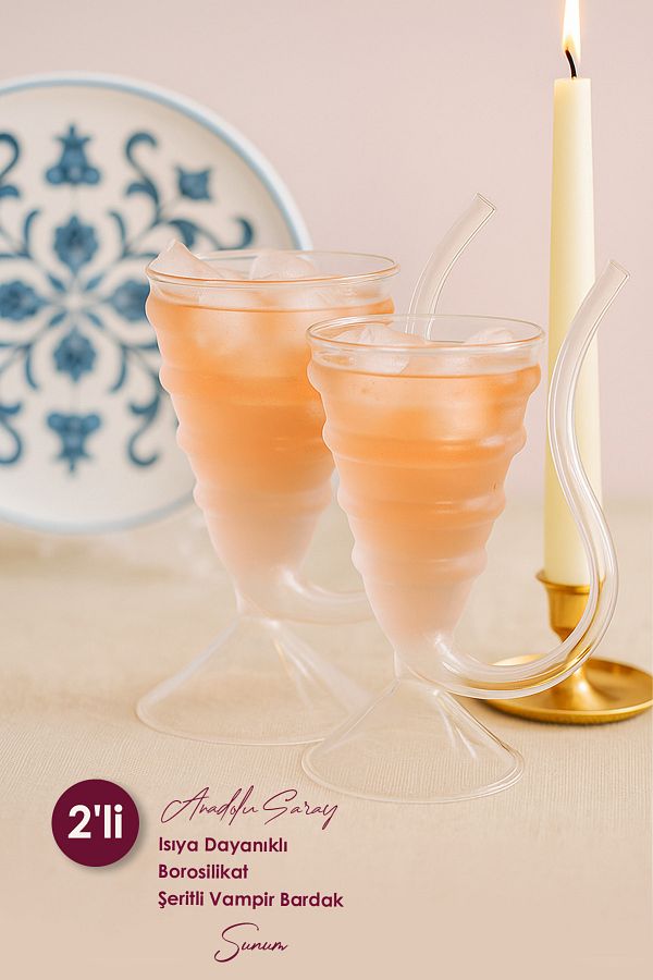 Anadolu Saray-2 Pcs Heat Resistant Borosilicate with Stripe Vampire Cup Coffee and Presentation Cup Borosilicate Cup 1