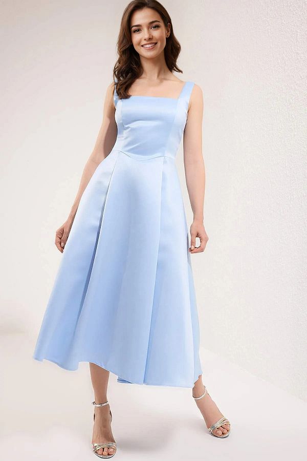 Trendyol Collection-Světle modré saténové tkané elegantní večerní šaty na promoci TPRAW25EL00040 1