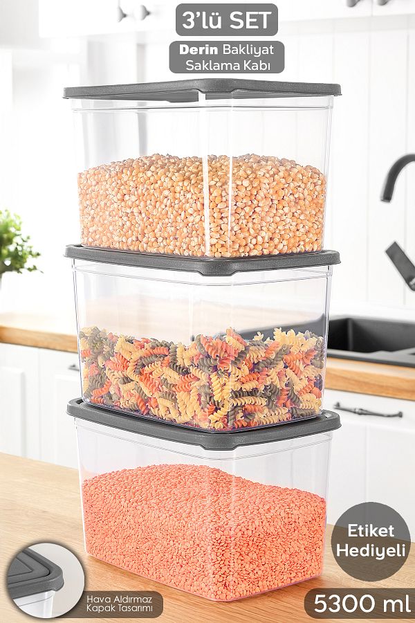Meleni Home-3 Deep Food Storage Containers with Labels - Pulses Flour Container Large Size Food Box 5300 ml Transparent 1