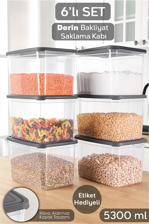 Meleni Home-6 Deep Food Storage Containers with Labels - Pulses Flour Container Large Size Food Box 5300 ml Transparent 1
