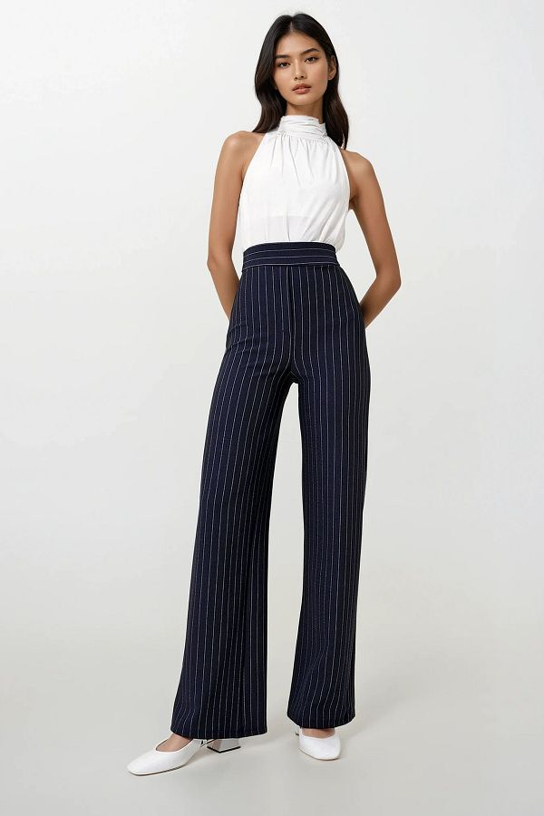Trend Alaçatı Stili-Pantaloni de damă cu talie elastică în dungi bleumarin - picior lat ALC-X12522 1