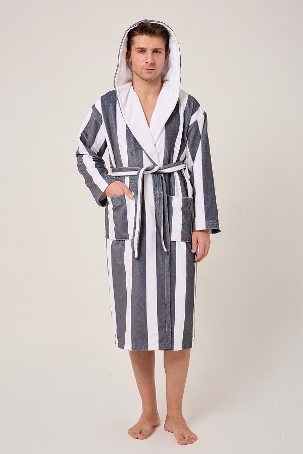 VEVİEN HOME-Striped Patterned Digital Printed Hooded Bathrobe Anthracite 1