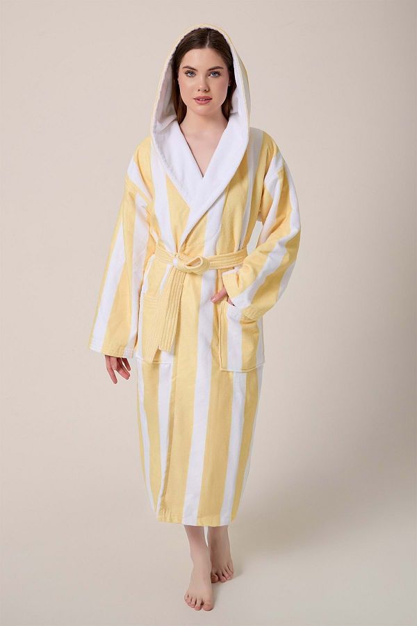 VEVİEN HOME-Striped Patterned Digital Printed Hooded Bathrobe Yellow 1