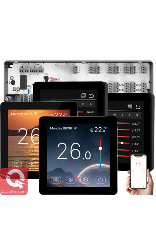 Quicksmart-Kit Automatizare Incalzire Pardoseala Q10, Controller pardoseala 8 zone, 4x Termostat cu fir Q50, In 1