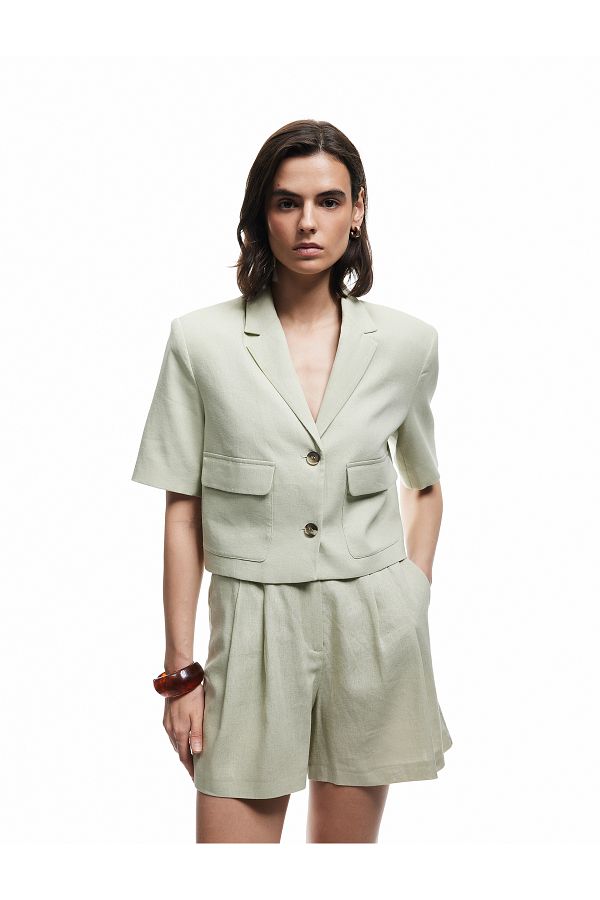 Koton-Buttoned Short Sleeve Lined Linen Crop Blazer Jacket with Pockets 1