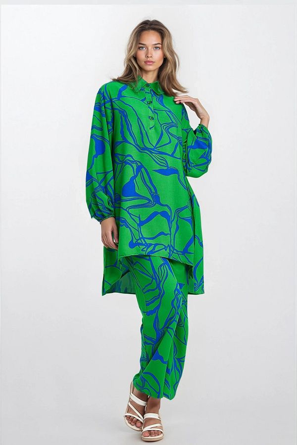VAGGON-Shirt Collar Half Placket Tunic and Elastic Waist Trousers Plus Size Bottom Top Set 1