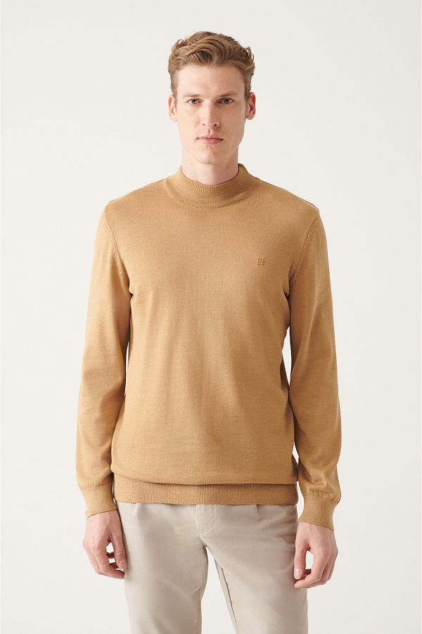 Avva-Men's Beige Half Turtleneck Wool Blended Knitwear Sweater E 005015 1