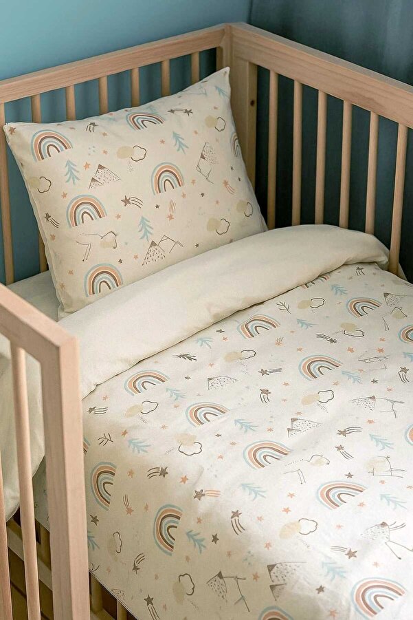 Bebek Özel %100 Pamuklu Bebek/çocuk 70x110 Park Beşik Yastık Çarşaf Yorgan Kahverengi Gökkuşağı Krem (Yorganlı)