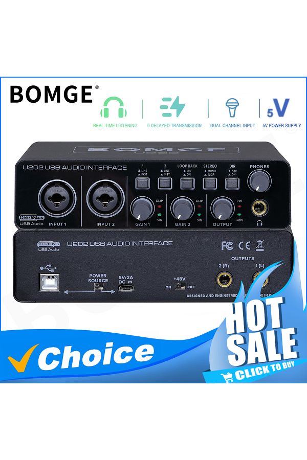 Choice-BOMGE U202 USB Audio Interface with Mic Preamplifier XLR/TSR/TS Ports 48V 32-Bit/192kHz Resolutio... 1