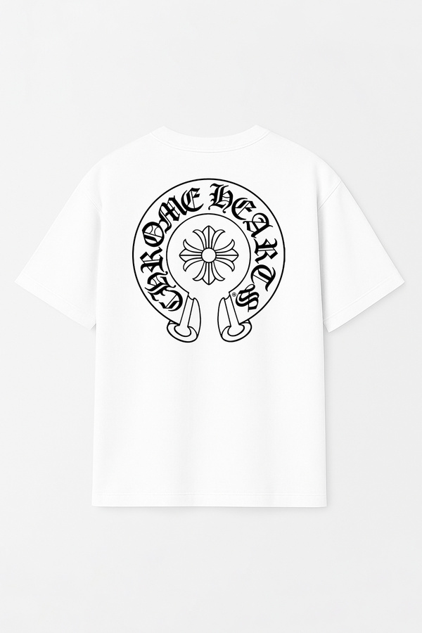 Unisex Chrome Hearts Baskılı Oversize %100 Pamuk Geniş Kesim Dokulu Bisiklet Yaka Tişört RF0521